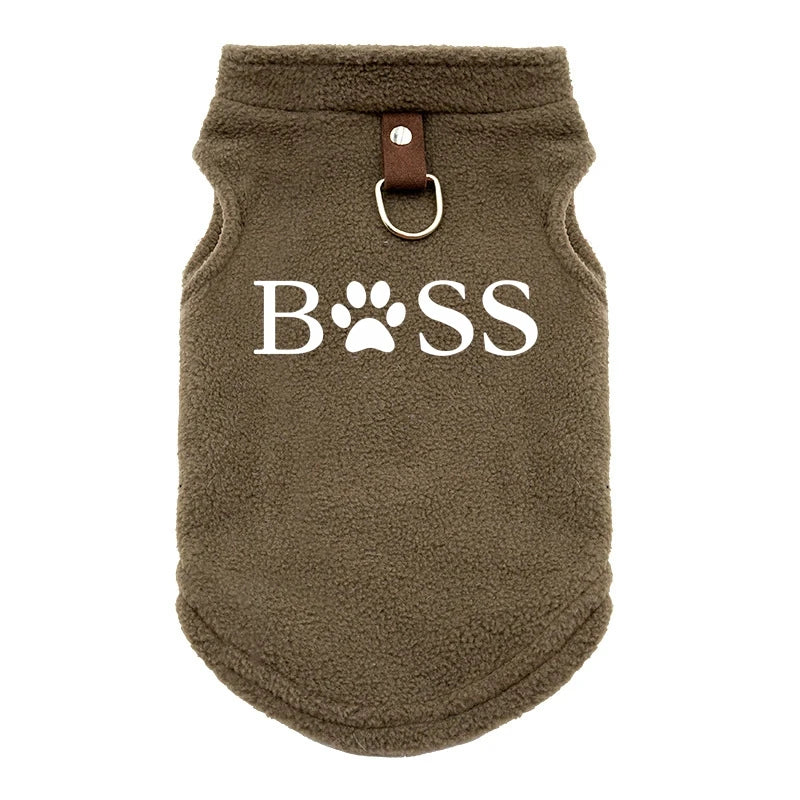Brown fleece warm dog sweater vest with 'BOSS' print for small pets to keep cozy during autumn and winter.