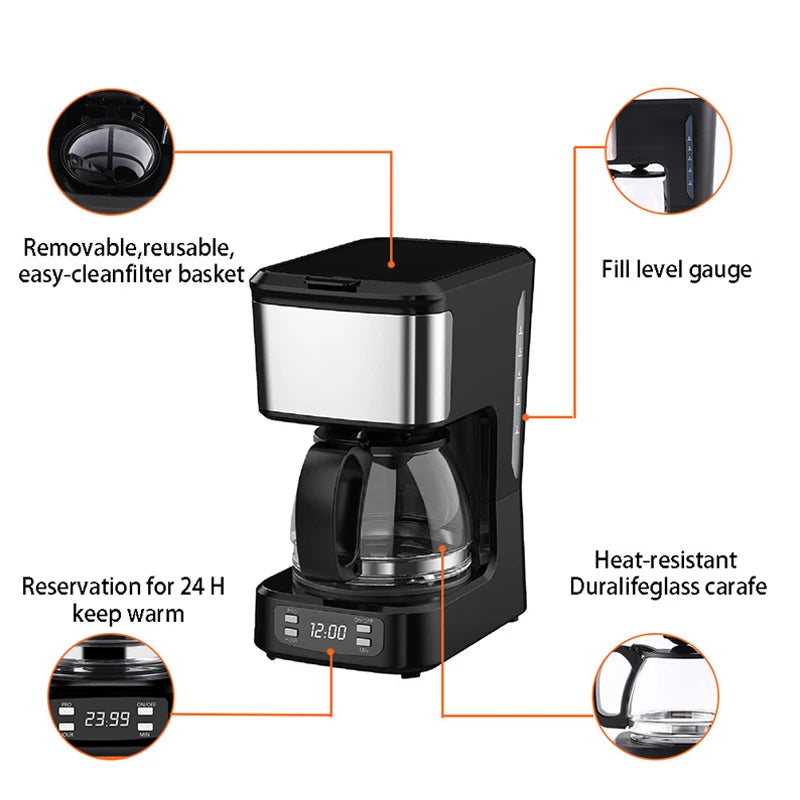 Black stainless steel programmable coffee maker with glass carafe, reusable filter, and digital 24h timer display.