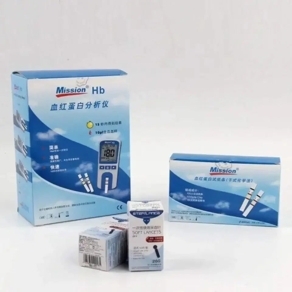 Mission Hb hemoglobin meter kit with test strips and lancets for home anemia testing in blue branded packaging.