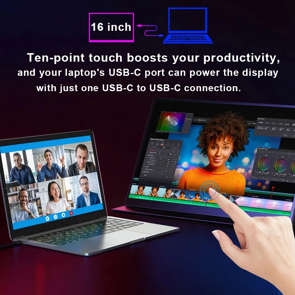 16inch Touch Portable Monitor 1920*1200P FHD IPS Screen 100%sRGB 300Nits HDR Display for Laptop/PC/Phone/Dex/PS4/PS5/SWITCH