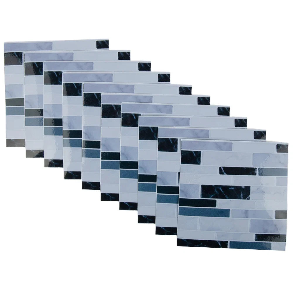 Self-adhesive 3D tile wall sticker sheets, overlapping blue and gray brick tiles