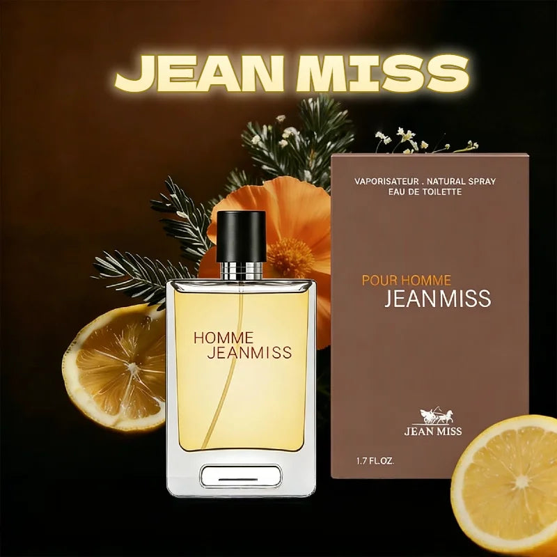 JEAN MISS Pour Homme EDT: Woody, citrus cologne in a rectangular bottle, perfect for men's long-lasting fresh scent.