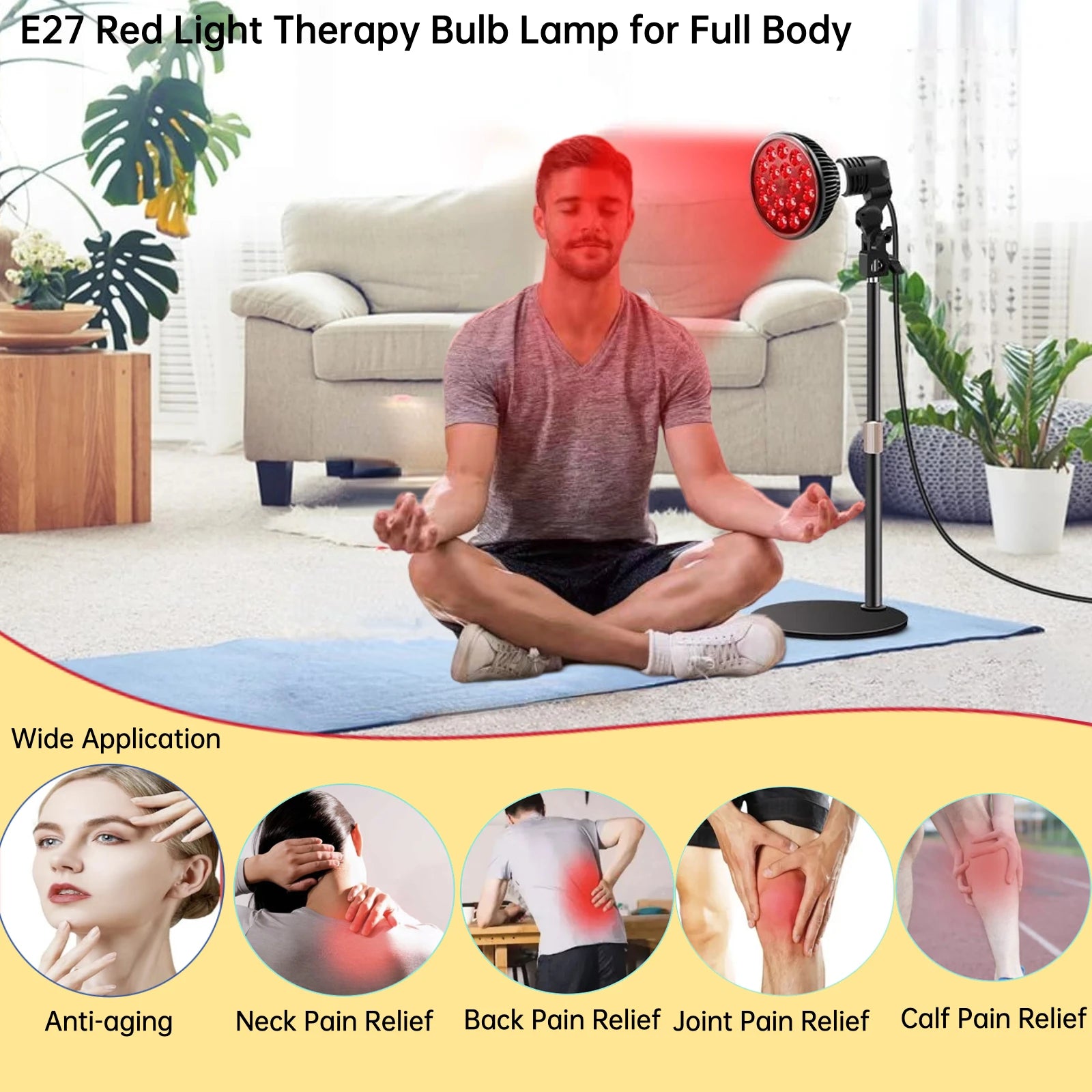 Red light therapy lamp with stand for pain relief and skin health, featuring 660nm and 850nm infrared LED bulbs.