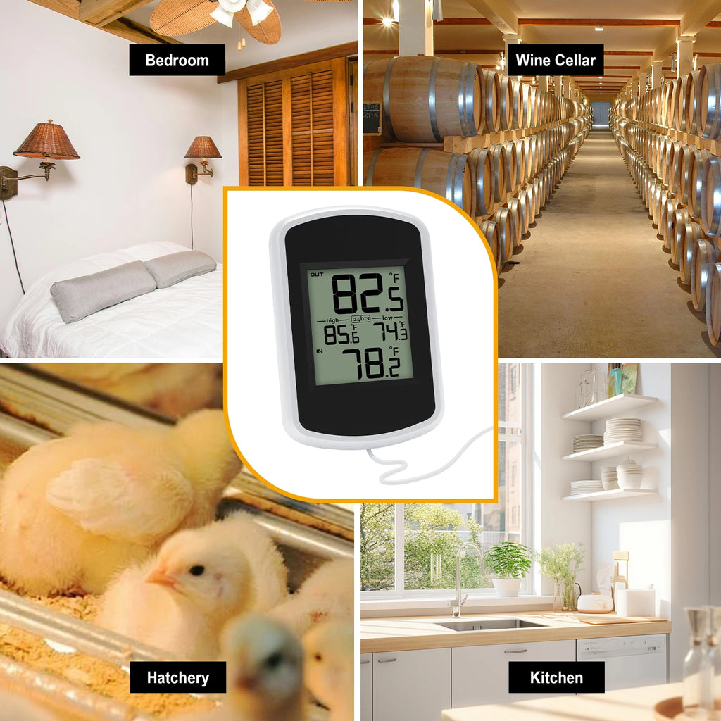 Wired Digital Thermometer Waterproof Indoor Outdoor Temperature Monitor with Min/Max Record 2m Line Probe Sensor for Home Room