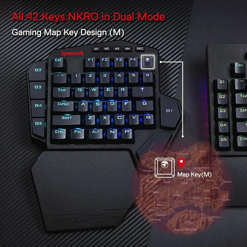 New Redragon K585 PRO Wireless One-Handed Mechanical Keyboard 42 Keys 2-Mode RGB 7 Onboard Macro Keys Detachable Wrist Support