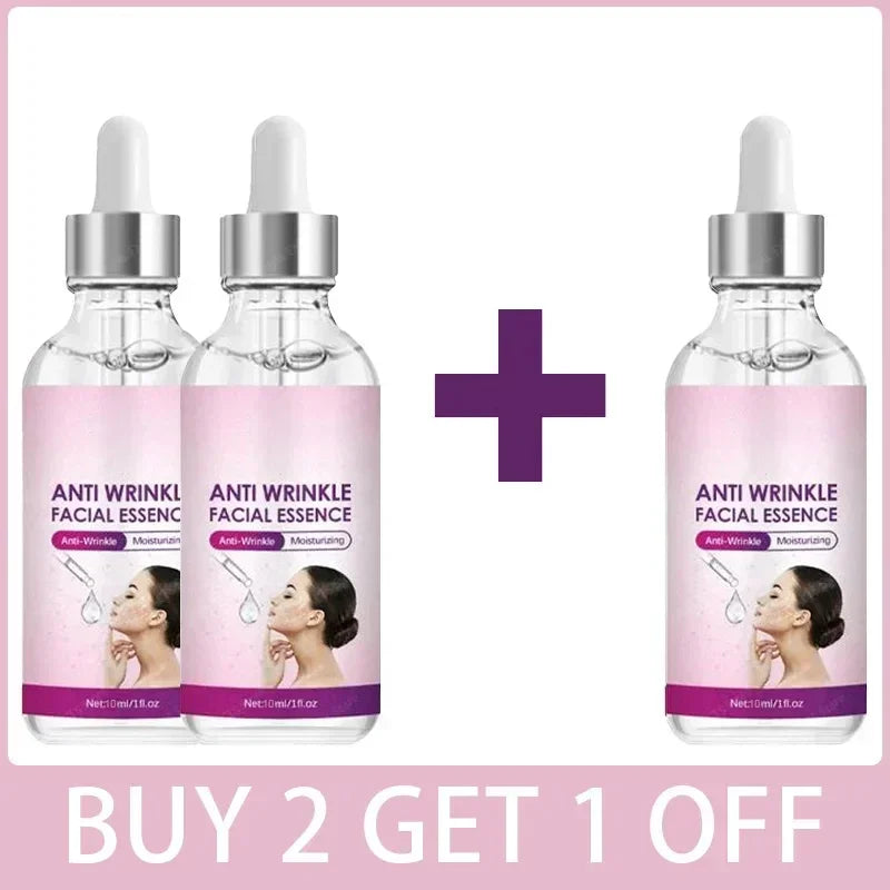 Anti-wrinkle facial essence serum set with dropper bottles for firm, elastic, and moisturized skin care.