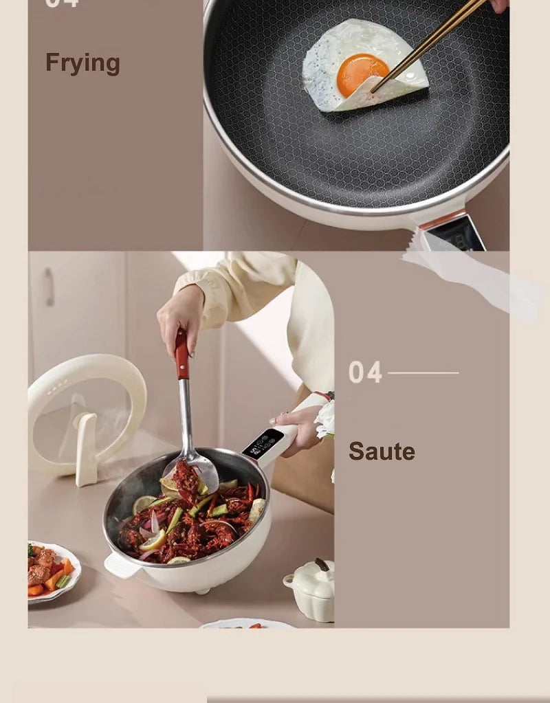 Electric frying pot with dark nonstick interior, cooking with spatula and spoon in the pan