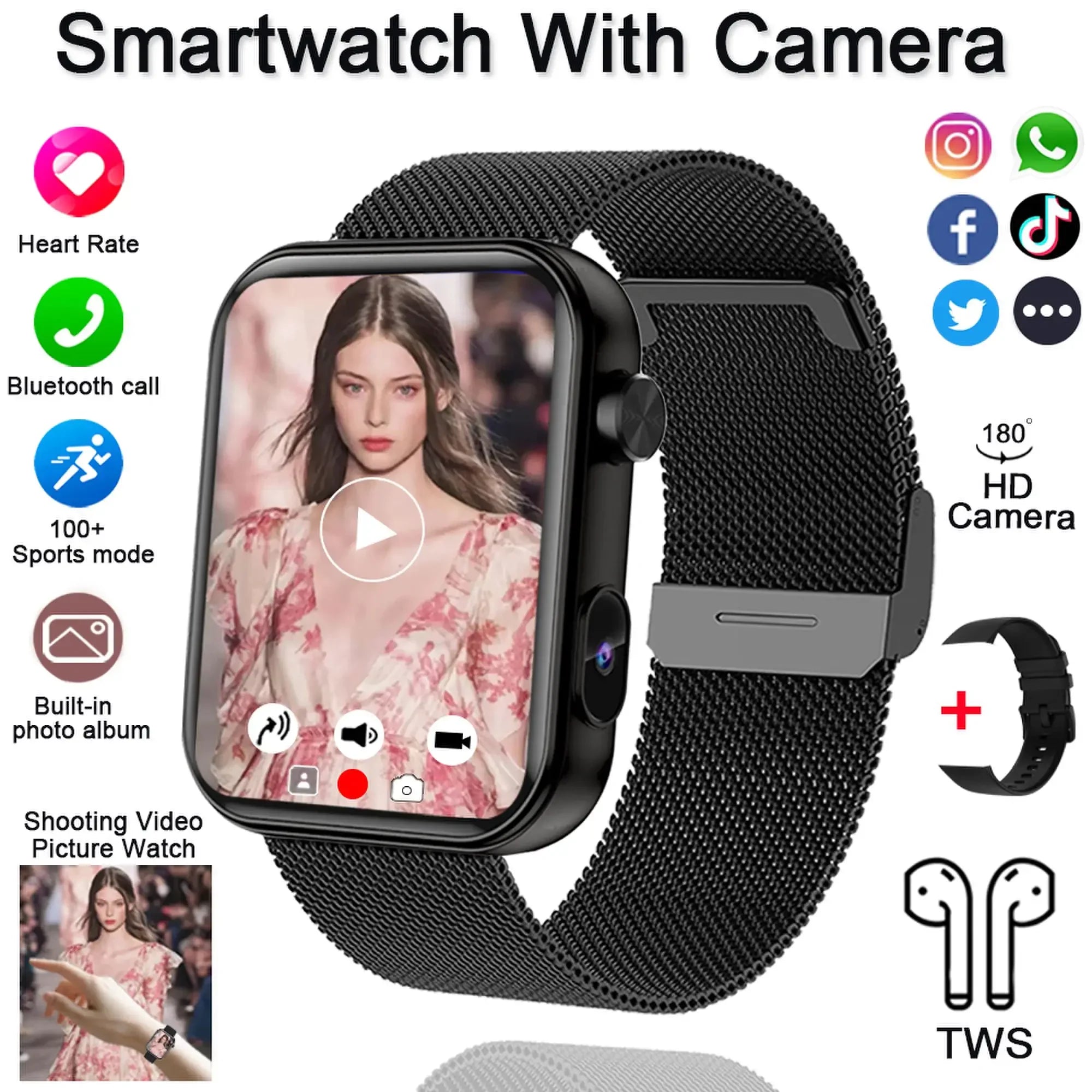 Black mesh smartwatch with camera, workout icons and heart rate display on screen