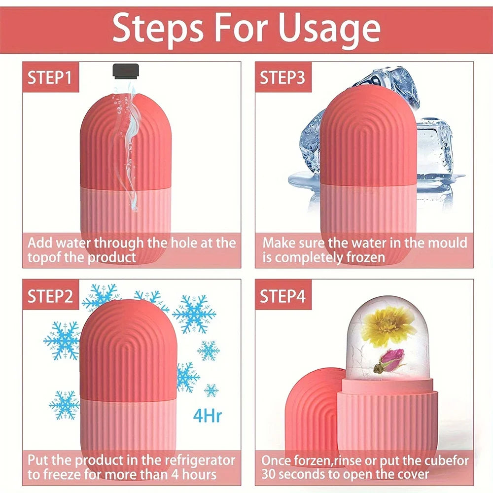 Infographic showing four steps to use a pink, ribbed silicone facial ice roller mold with flowers frozen inside.