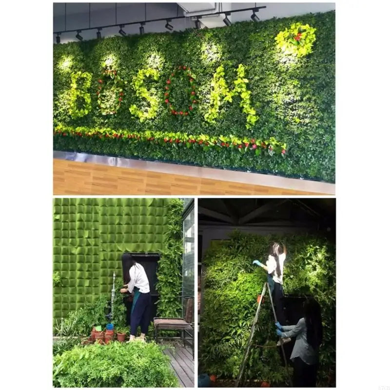 Vertical wall planter grow bag with multiple pockets, shown on a garden wall