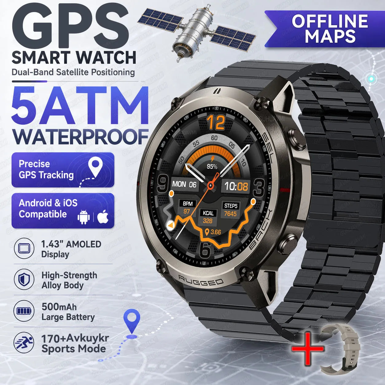 Rugged smartwatch with black case, dark AMOLED face, and black metal link bracelet.