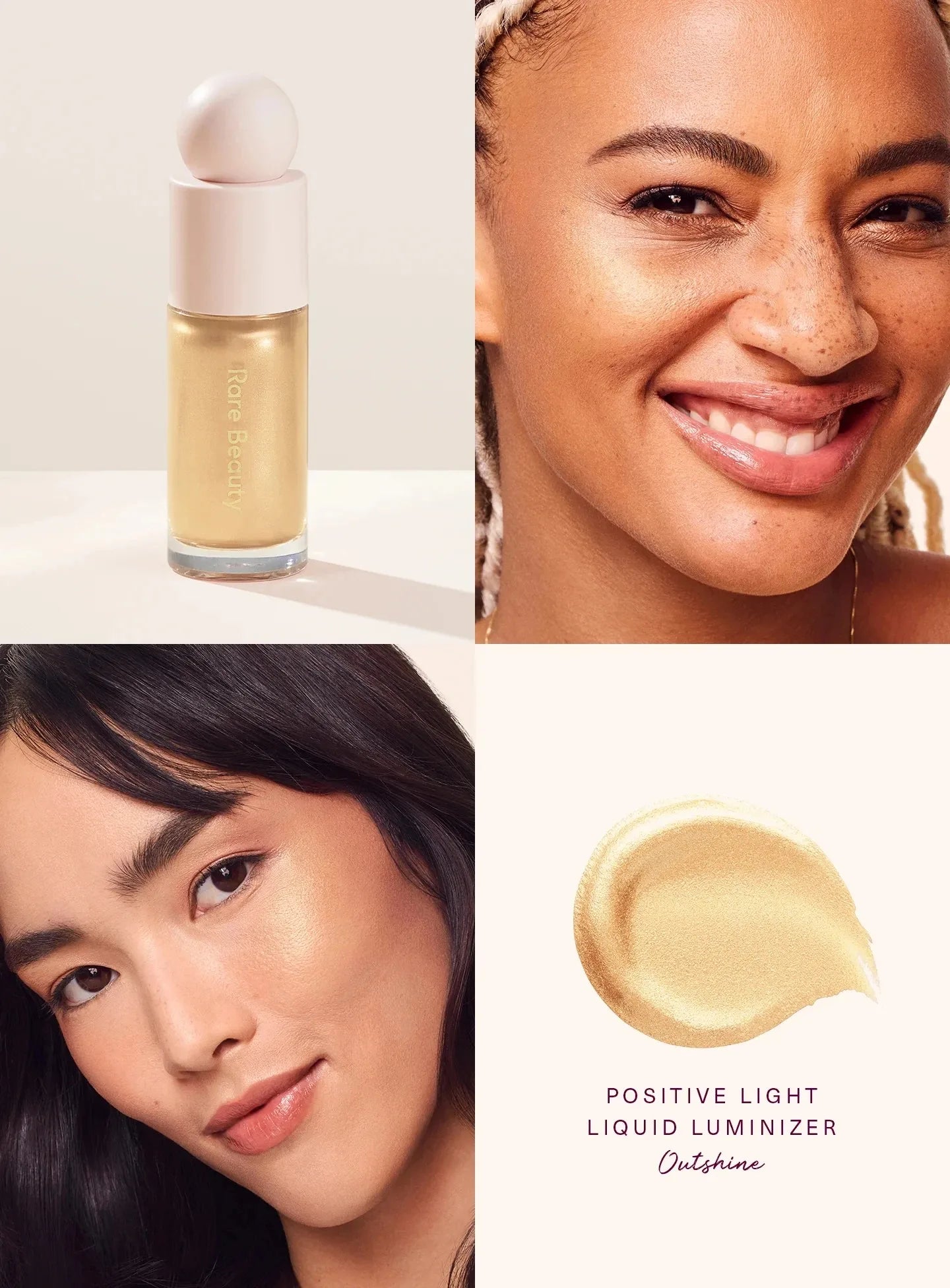Rare Beauty Positive Light Liquid Luminizer in gold shade. Creamy, shimmering liquid highlighter swatch and application.
