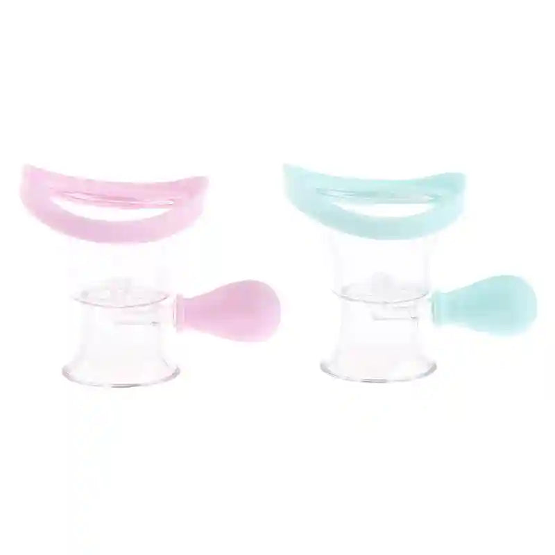 Two reusable soft silicone eye wash cups with pink and blue bulbs for easy rinsing and cleaning of the eyes.