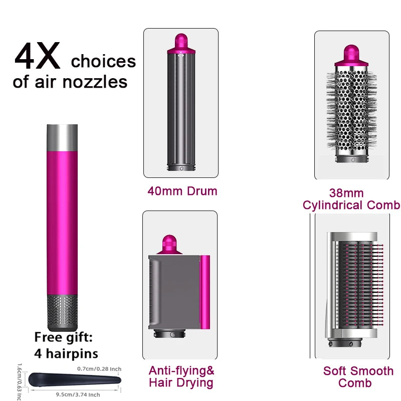 SenCiciMen 6-in-1 hot air brush set with pink attachments, 40mm curling barrel, styling combs, and free hairpins.