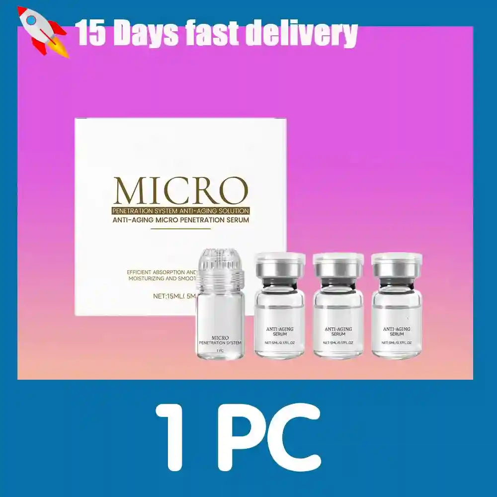 Micro Anti-Aging Serum Set, collagen-infused hydrating and firming face essence in clear glass vials.