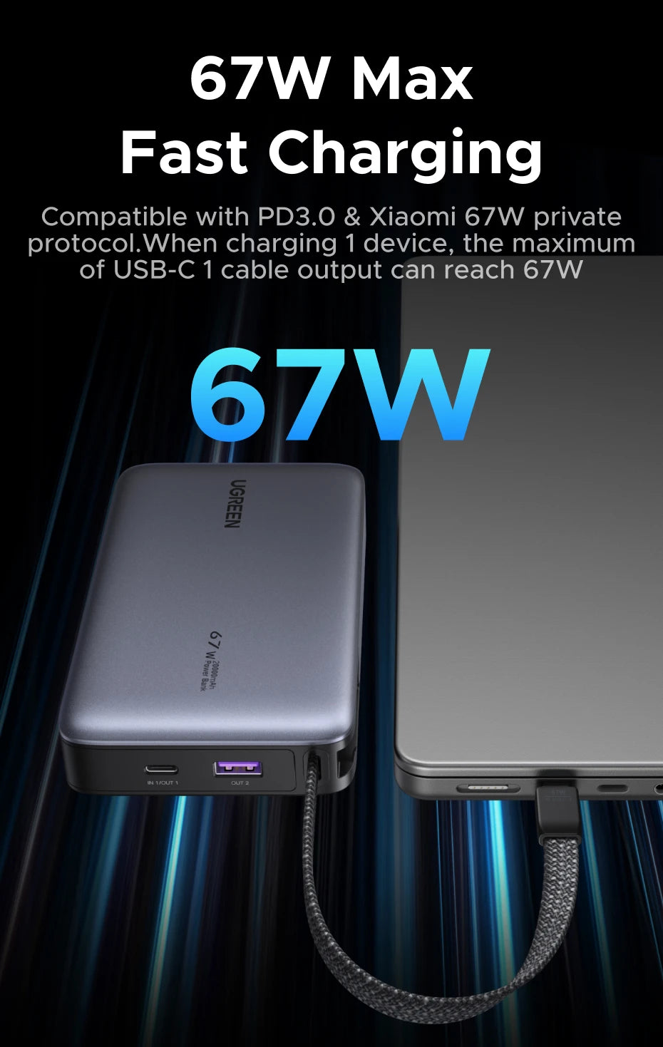 20000mAh Power Bank 67W Fast Charging Portable Charger with Built-in Cable Tidesmit