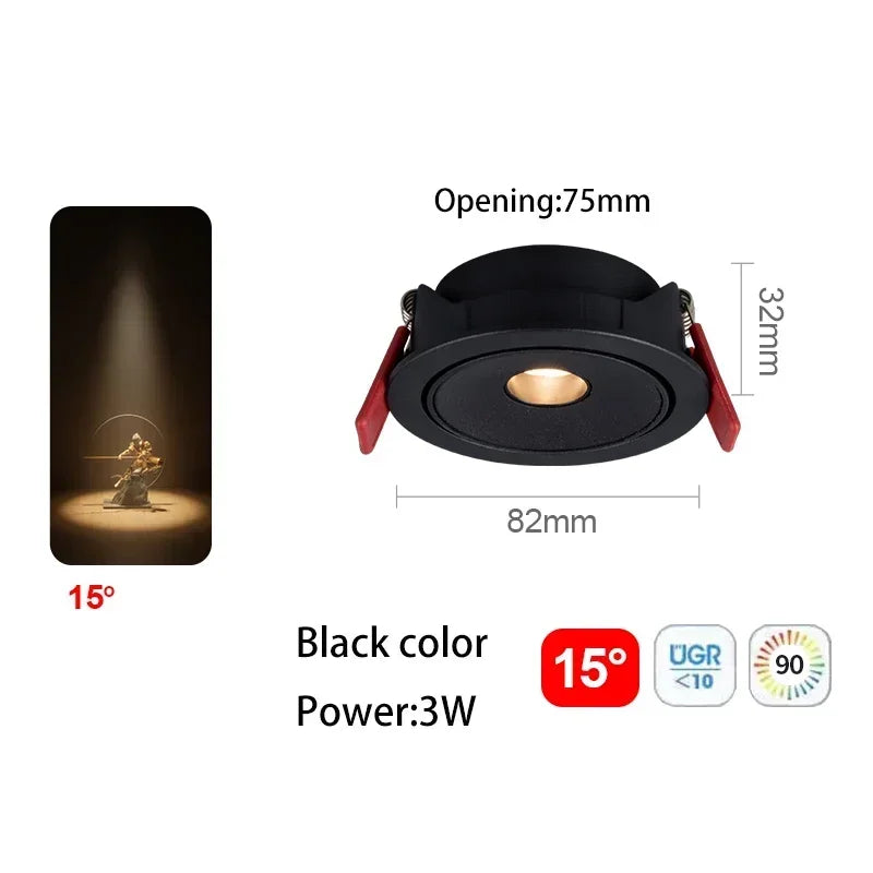 Black recessed LED spot light, 3W, 15° beam angle, opening 75mm, cutout 82mm