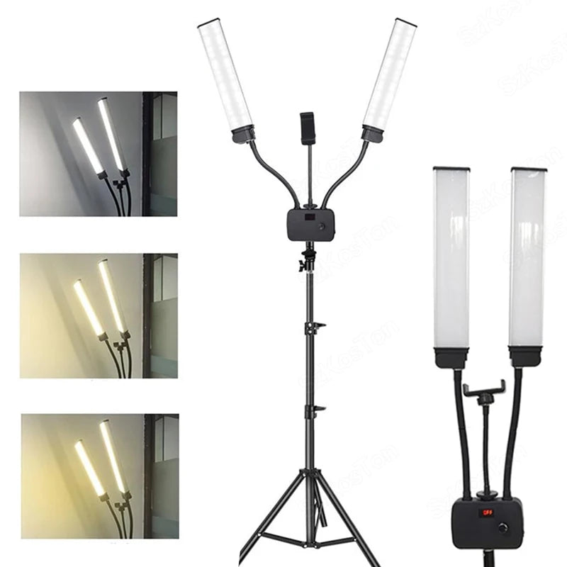 Adjustable dual-arm LED floor lamp with phone holder on a tripod stand, used for studio lighting and content creation.