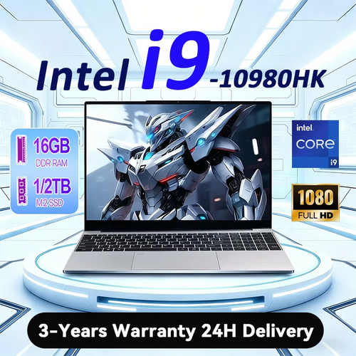 Silver 15.6-inch laptop with thin bezels, backlit keyboard, number pad, and trackpad on a futuristic display stage.