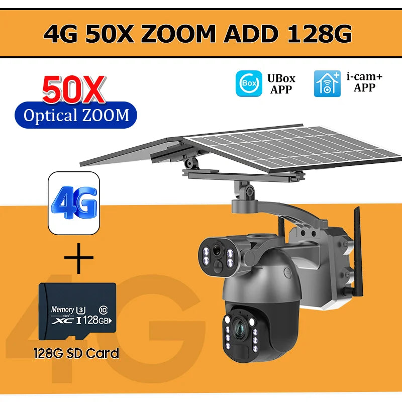 4G solar PTZ security camera, dual-lens, solar panel; includes 128GB SD card