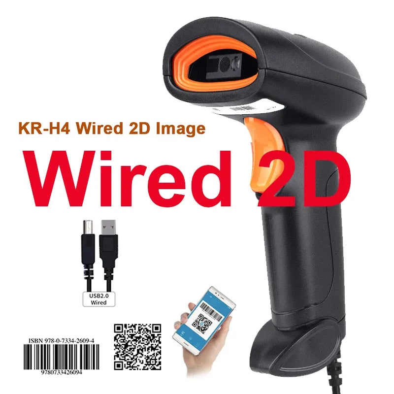 Wired 2D handheld barcode scanner, black with orange accent and scanner trigger grip