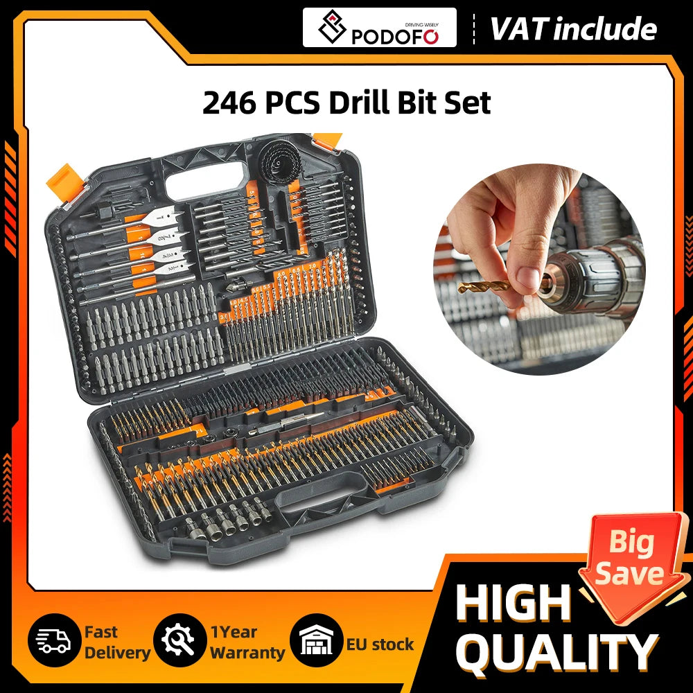 Podofo 246Pcs Complete Drill Bit Combination Set HSS Titanium Twist Wood Masonry Drill Screwdriver Bits with Storage Case