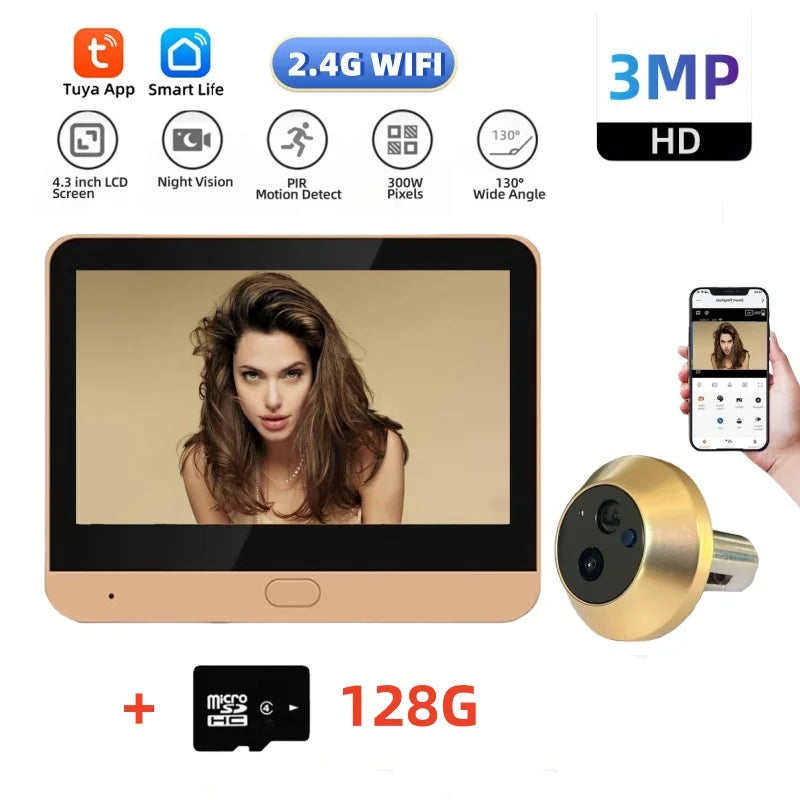 2.4G WiFi 3MP door peephole camera with gold lens, 4.3-inch screen, 128G microSD