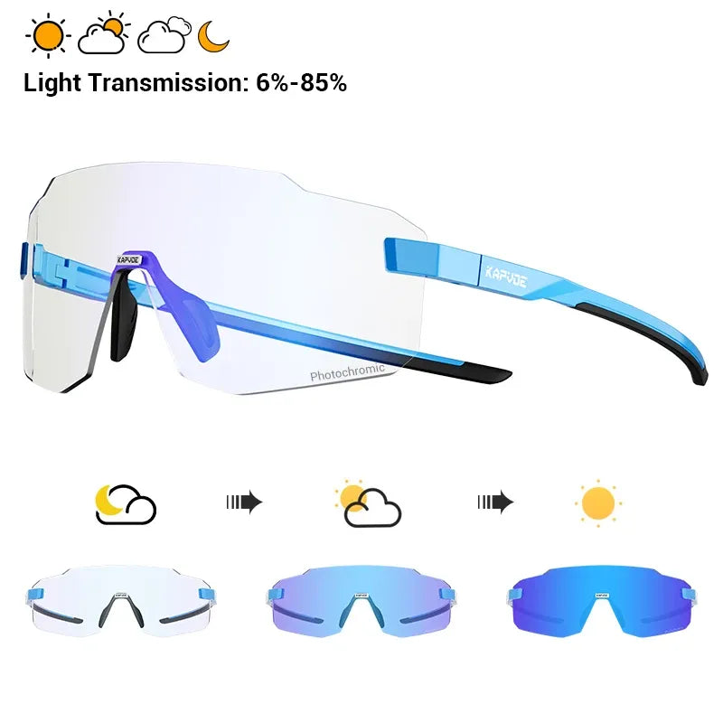 Sport cycling sunglasses with blue photochromic lenses and light blue frame
