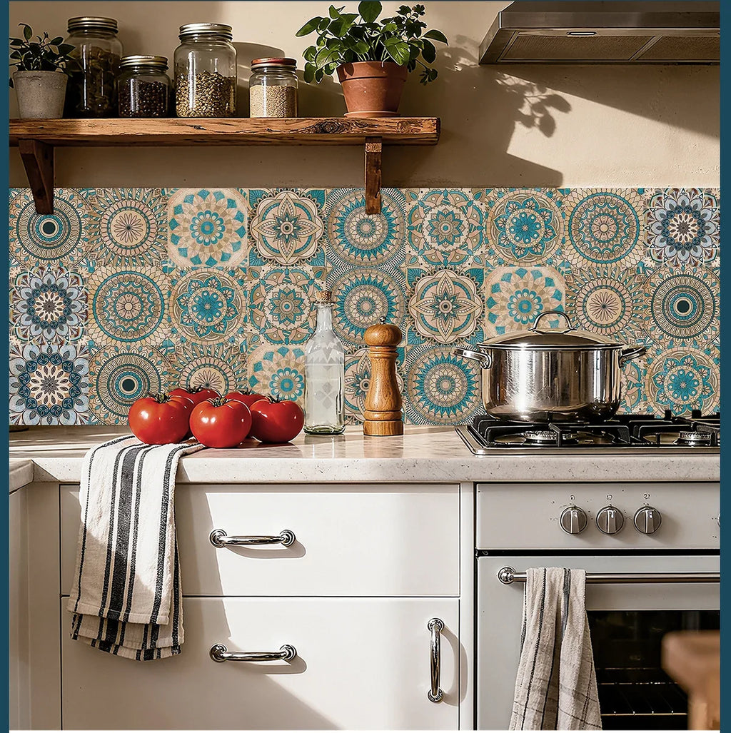 Dark Grey Vintage Boho Floral Tile Stickers Self Adhesive Glossy PVC Waterproof Decals Cabinet Kitchen Bath Wall Backsplash Deco