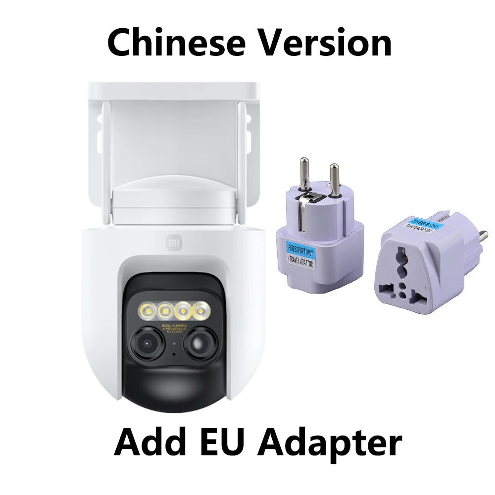 Xiaomi outdoor security camera with EU adapter, white housing and power plug accessory