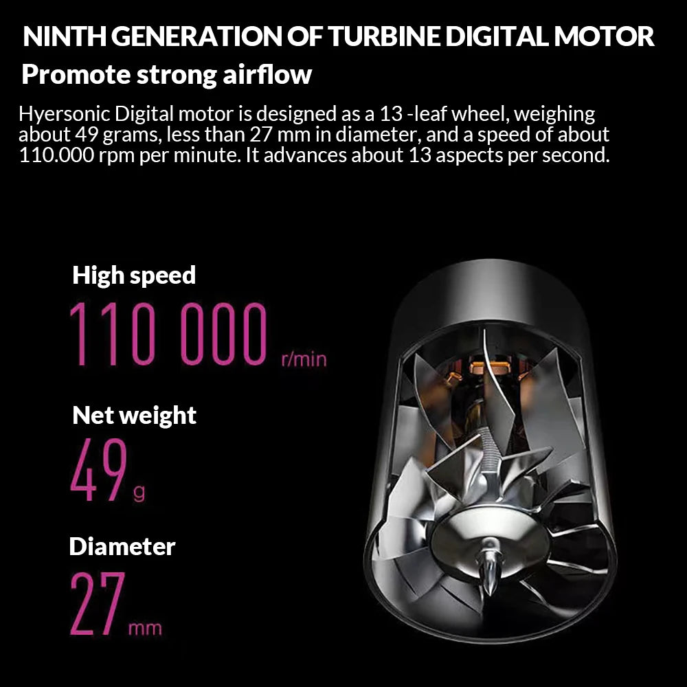 High-speed ionic hair dryer 13-leaf digital motor with 110k RPM for professional salon hair care styling.