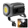 VL-200Bi LED COB video light in a black housing with control panel, adjustment dial, and a mounting bracket.