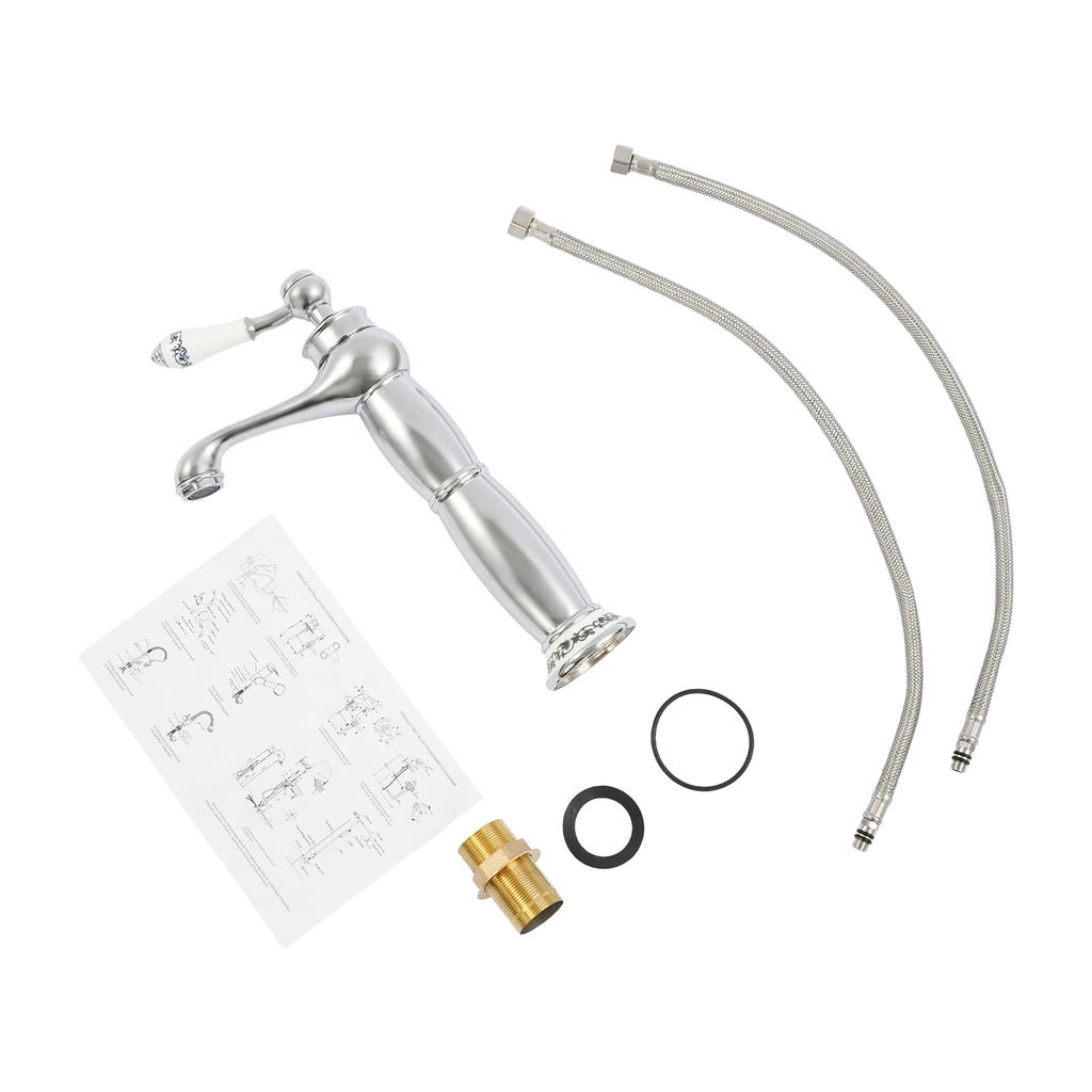 Solid Brass Silver Single-Handle Bathroom Faucet, Chrome-Plated Modern Deck Mount Basin Tap, 0.5-0.7MPa High-Pressure Cold/Hot Water Mixer
