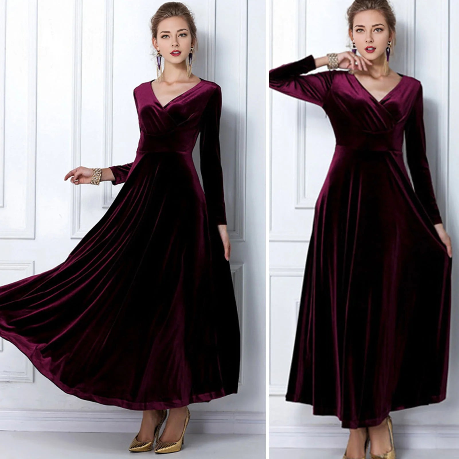 Vintage Women Autumn Long Sleeve V Neck Pleated Velvet Banquet Party Maxi Dress Party Wedding Elegant Evening dress 