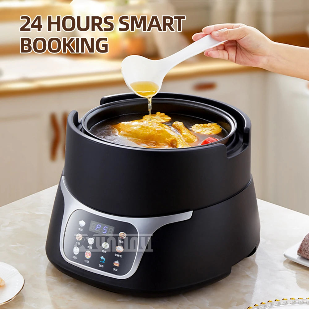 5L black electric rice cooker with hot food being poured into inner pot from spoon