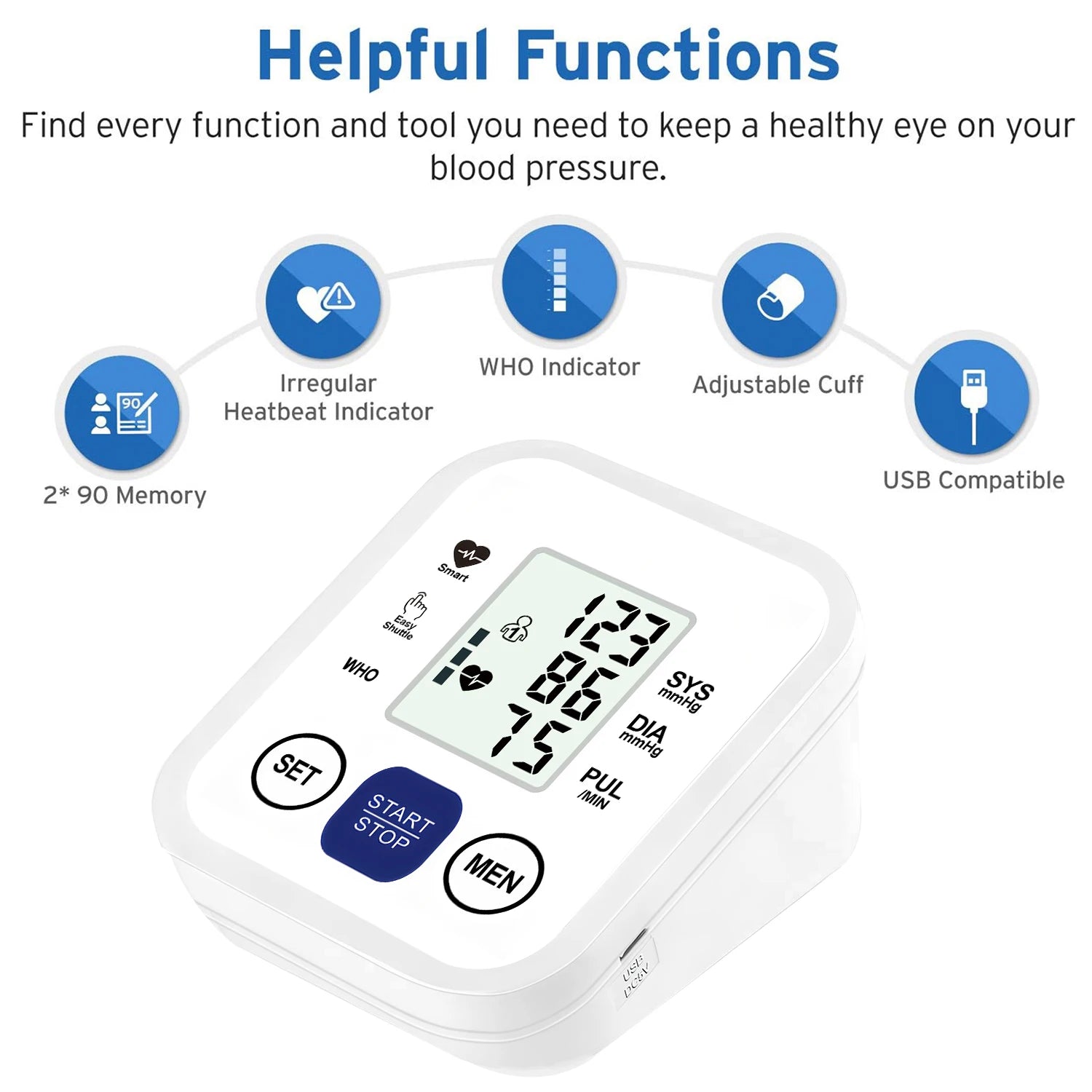 Medical Blood Pressure Tensiometer LED Display Digital BP Heart Rate Meter Arm cuff Blood Pressure Monitor BP Pulse Rate Meter