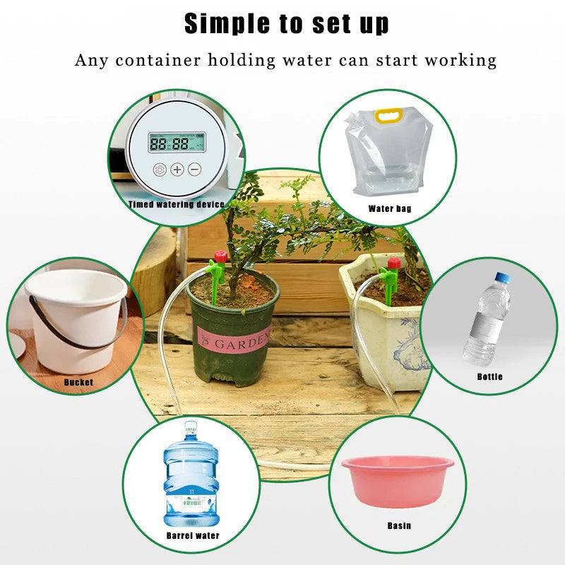 Drip irrigation kit setup with timer device and tubing for container watering
