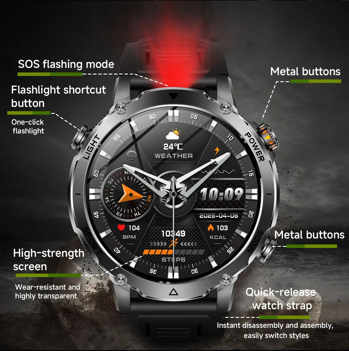 New Military ULtra 1400mAh Huge Battery SmartWatch Two Flashlight 10ATMan Waterproof HD Call 1.73“ 100+Sports Smart watch Man