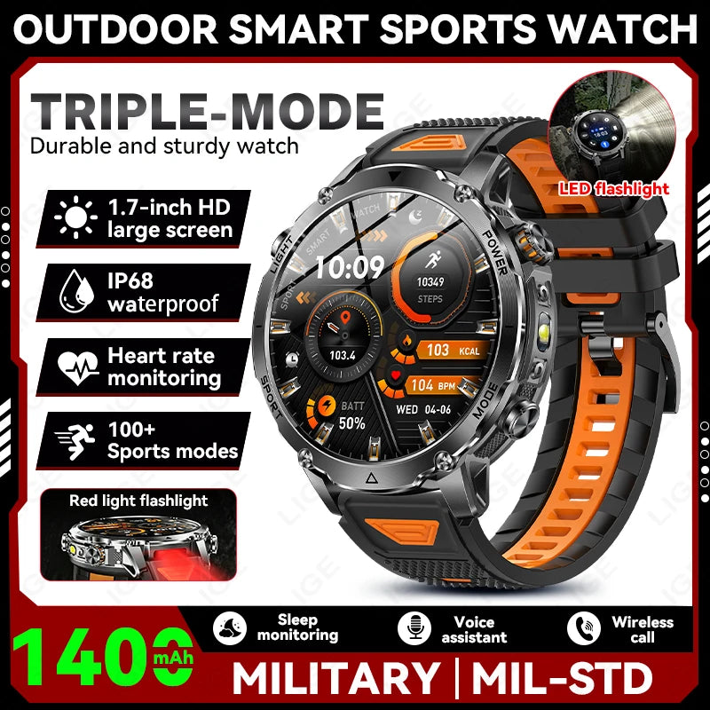Black and orange rubber sports smartwatch with round screen and LED flashlight