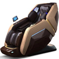 Brown and beige full-body massage chair with synthetic leather upholstery, touch control screen, and foot massager.