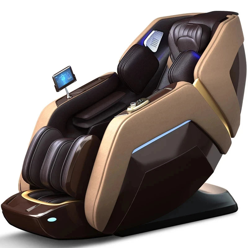 Brown and beige full-body massage chair with synthetic leather upholstery, touch control screen, and foot massager.