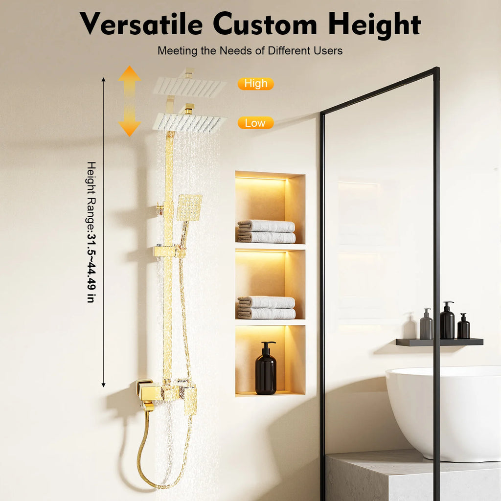 Adjustable Gold Brass Shower Column Set, Rain Shower & Handheld Shower with Stainless Steel Hose, Bathroom Shower Faucet Set