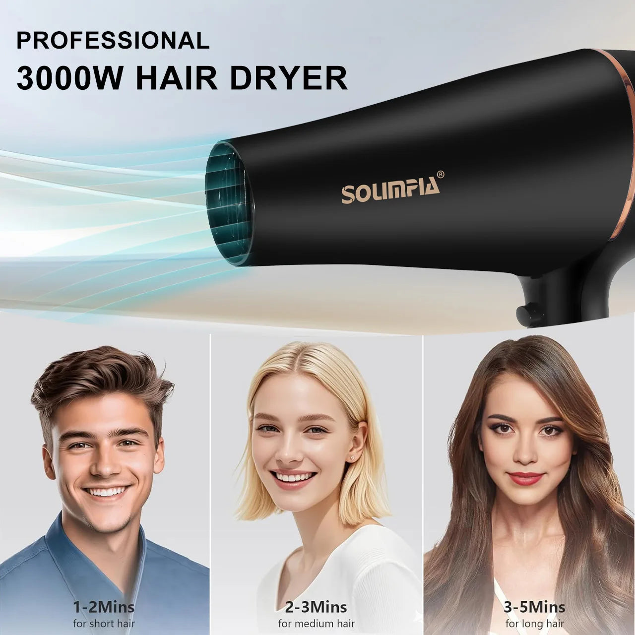 Black 3000W professional hair dryer with rose gold accents for fast salon-quality styling and quick drying.
