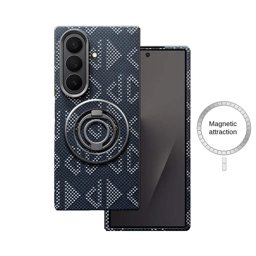 Navy blue phone case with geometric pattern, built-in magnetic ring, and finger grip for Samsung Galaxy Z Fold.