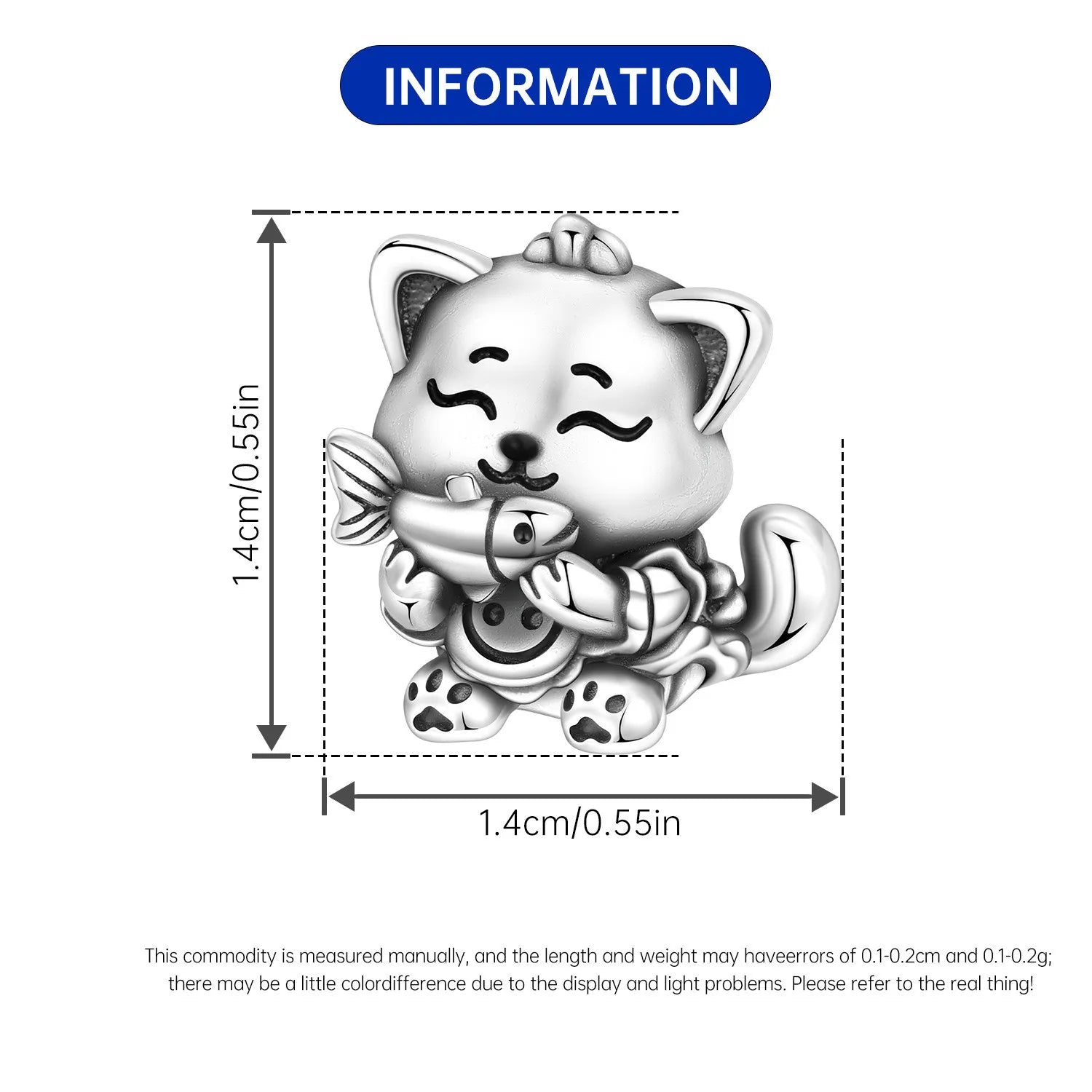 925 Sterling Silver cat charm bead with fish. 1.4cm DIY jewelry pendant, perfect for cute pet-themed bracelets.
