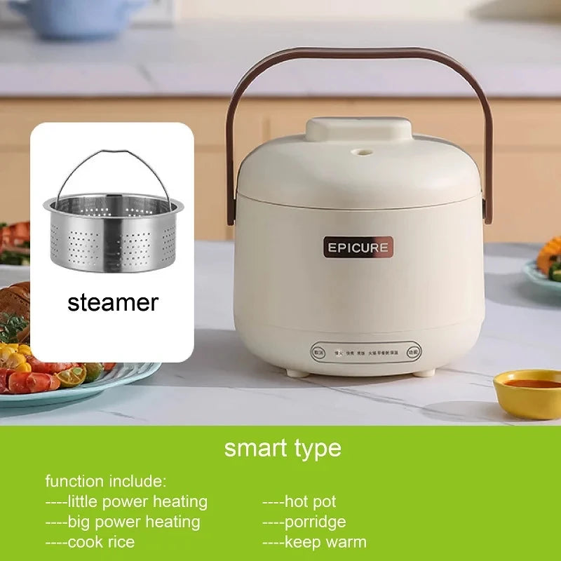 White electric cooker with steaming basket, domed lid, and smart type heating functions