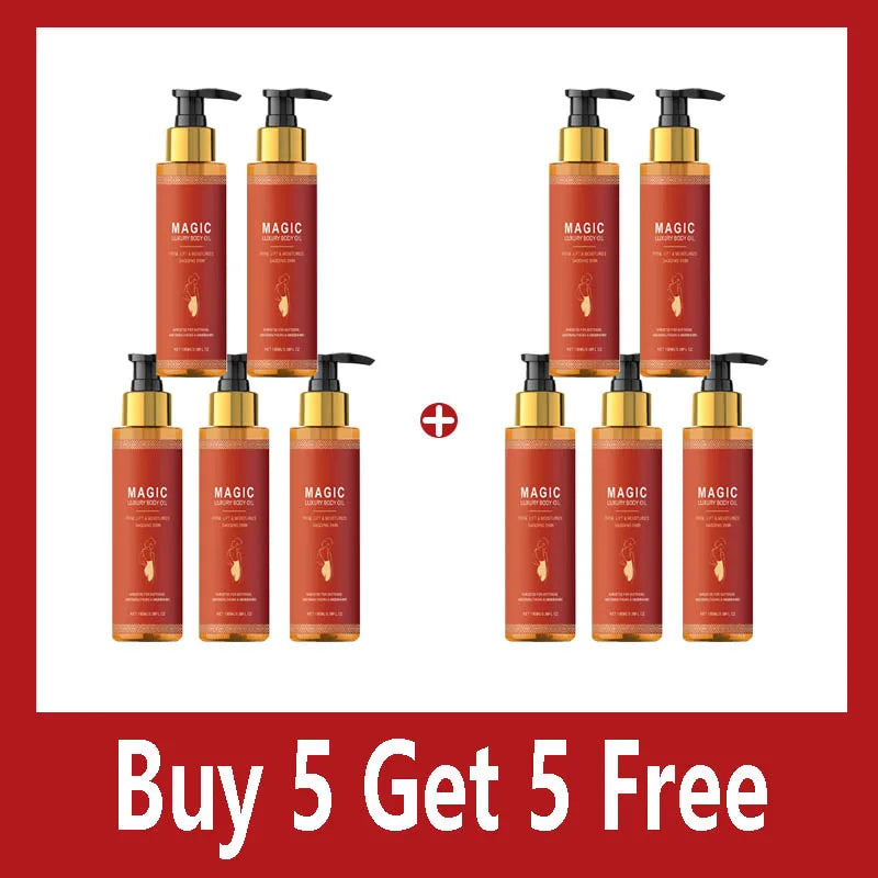 Ten bottles of Magic Luxury Body Oil with gold pumps, arranged in two groups of five with a plus sign in between.