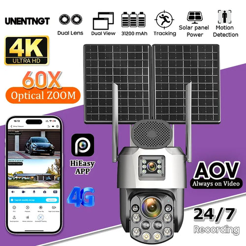 PTZ solar security camera with dual lenses, two solar panels, and long-range optical zoom