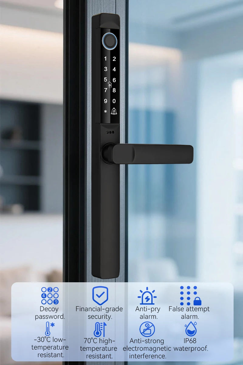 Tuya App Smart Door Lock Waterproof Fingerprint Password Card Bridge-Cut For Outdoor Pull Push Sliding Grille Door