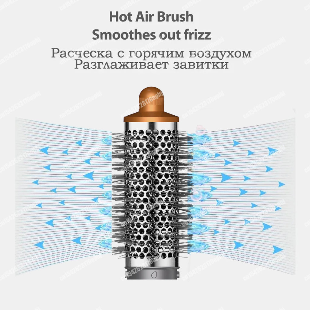 Silver gold hot air brush hair styler attachment for anti-frizz blow drying and salon-quality volume styling.